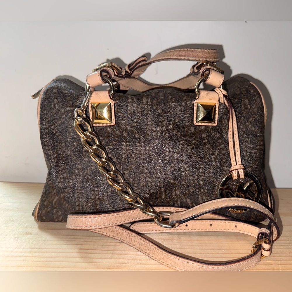 Michael Kors Grayson Brown signature logo leather satchel crossbody
